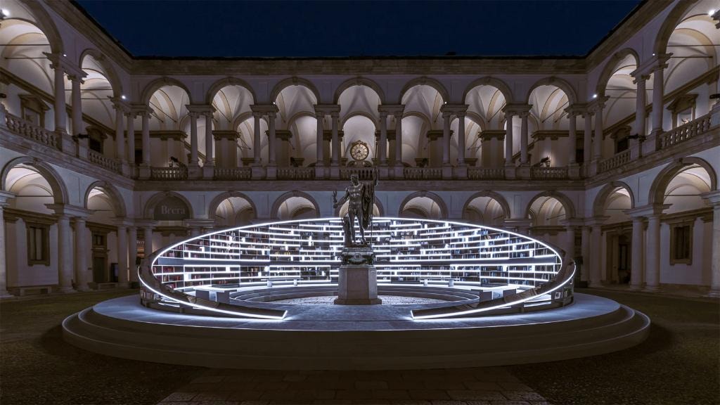 Library of the World, Pinacoteca di Brera, Milan — one of Devlin's landmark public art installations
